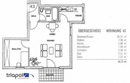 Grundriss: Gemütliche 2-Zimmer-Wohnung mit Balkon in ruhiger und grüner Stadtrandlage.