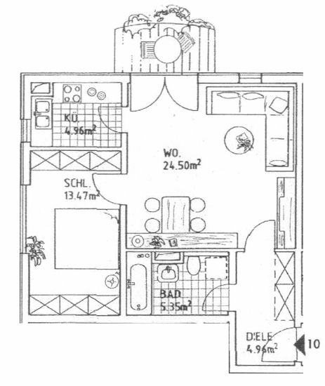 Grundriss: Schöne 2-Zi-Whg. mit Balkon und Tiefgarage in ruhiger und grüner Lage.