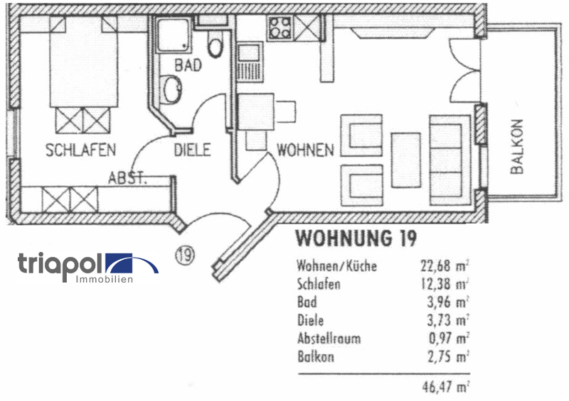 Grundriss: Ruhig gelegene 2-Zi-Whg. mit Balkon und Laminatboden in Coswig.