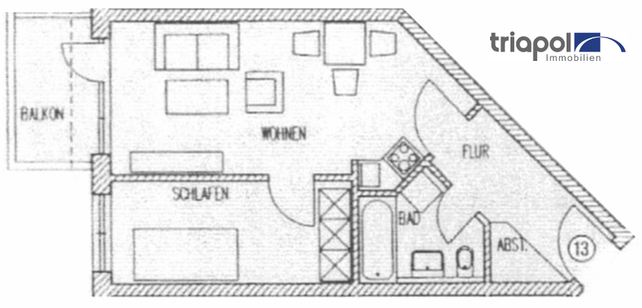 Grundriss: Kleine 2-Zimmer-Wohnung mit Balkon in grüner und ruhiger Lage.