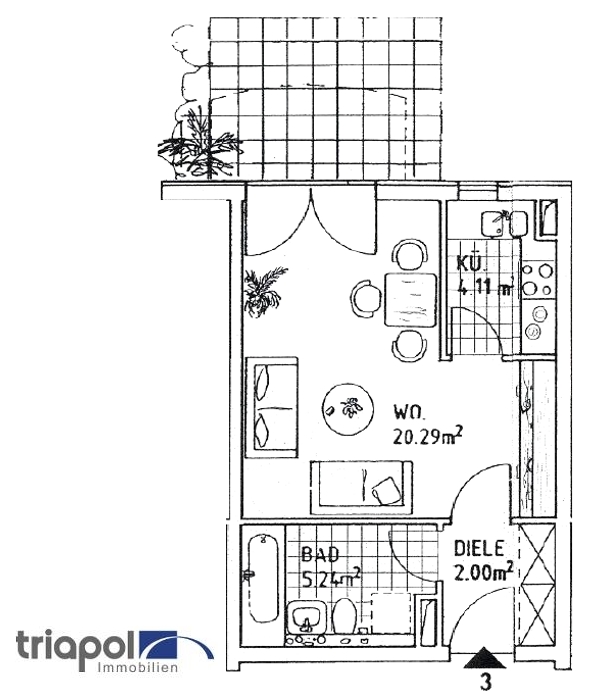 Grundriss: Gemütliche 1-Zi-Whg. mit Gartenterrasse und Tiefgarage in grüner Lage.