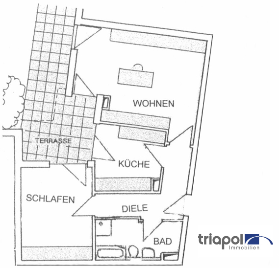 Grundriss: Hübsche 2-Zi-Whg. mit Terrasse und Laminatboden in ruhiger und grüner Stadtrandlage.