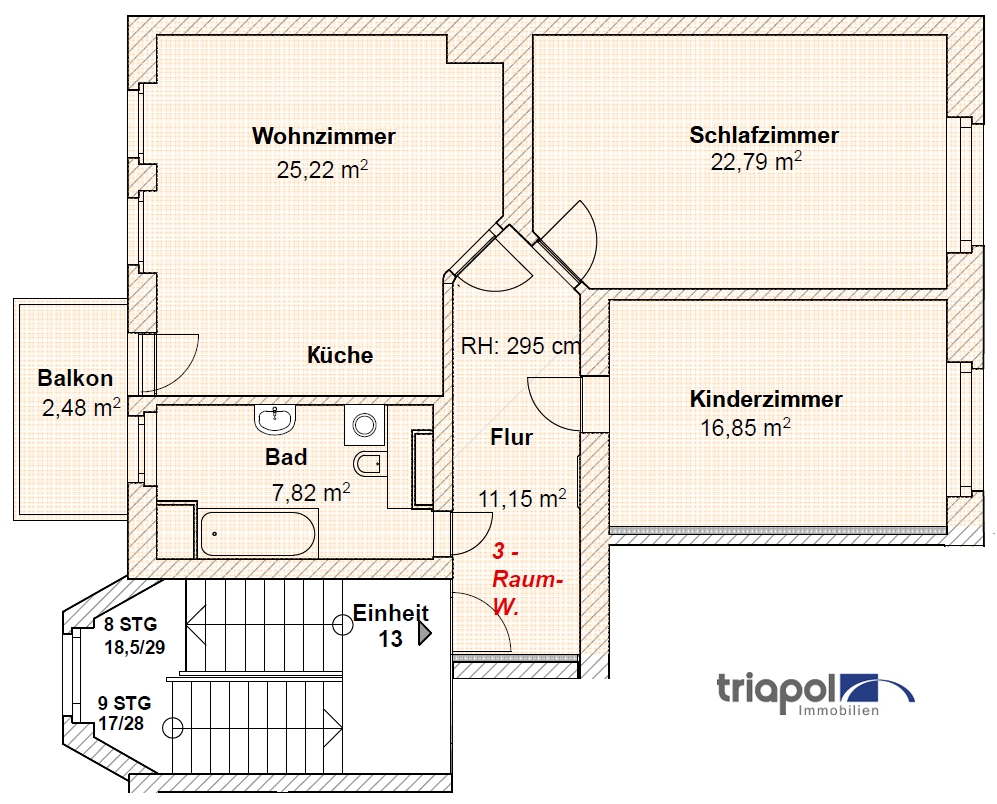 Grundriss: Geräumige 3-Zi-Wohnung mit Balkon und Einbauküche in Meißen.