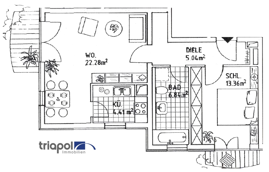 Grundriss: Schöne und ruhig gelegene 2-Zi-Wohnung mit 2 Balkone und Einbauküche in Coswig.