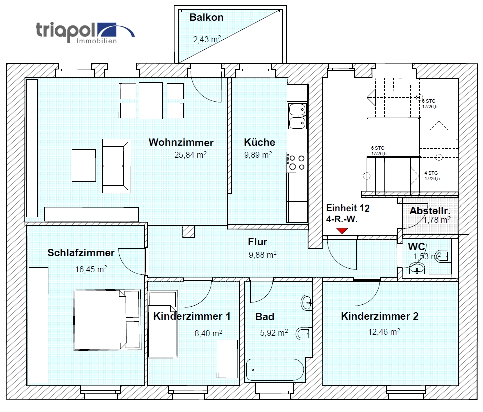 Grundriss: Hübsche 4-Zi-Wohnung mit Balkon, Stellplatz und Einbauküche im Hinterhaus in Meißen.