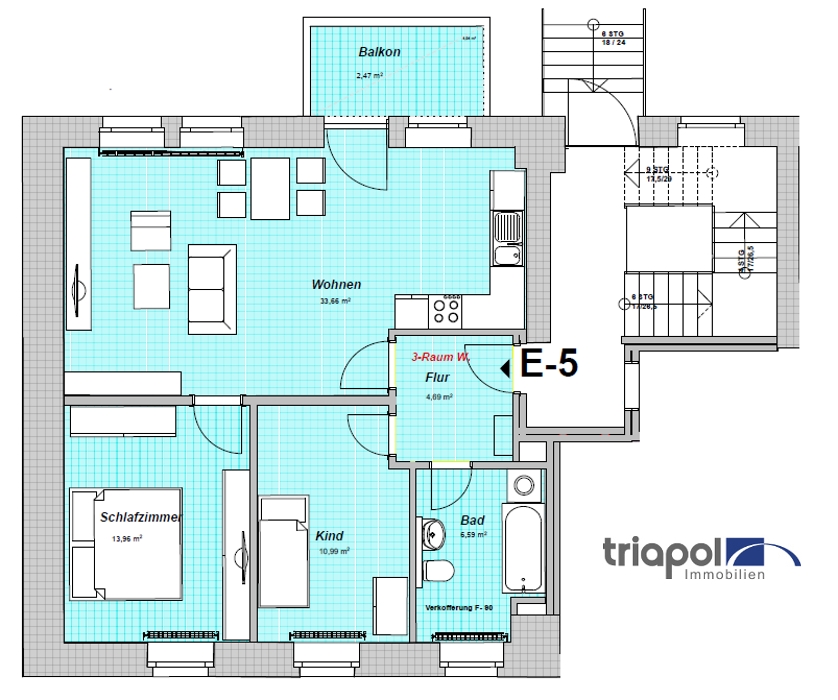 Grundriss: Schöne 3-Zi-Whg. mit Balkon und Einbauküche im Hinterhaus in Meißen.