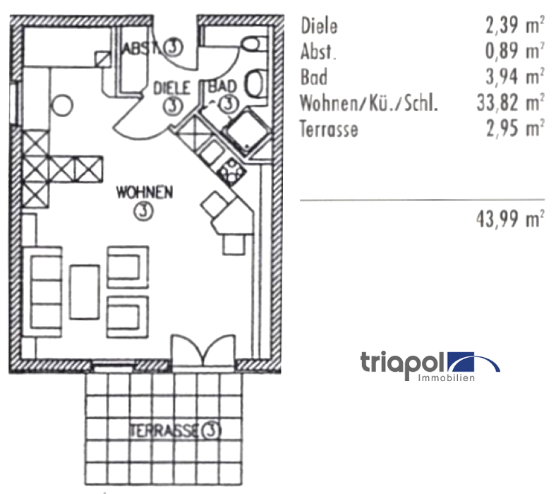 Grundriss: Ruhig und grün gelegene Terrassenwohnung mit Gartenanteil, Laminatboden und Stellplatz in Coswig.