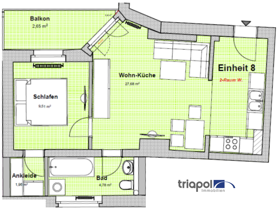 Grundriss: Gemütliche 2-Zi-Whg. mit großem Balkon und Einbauküche in Meißen.