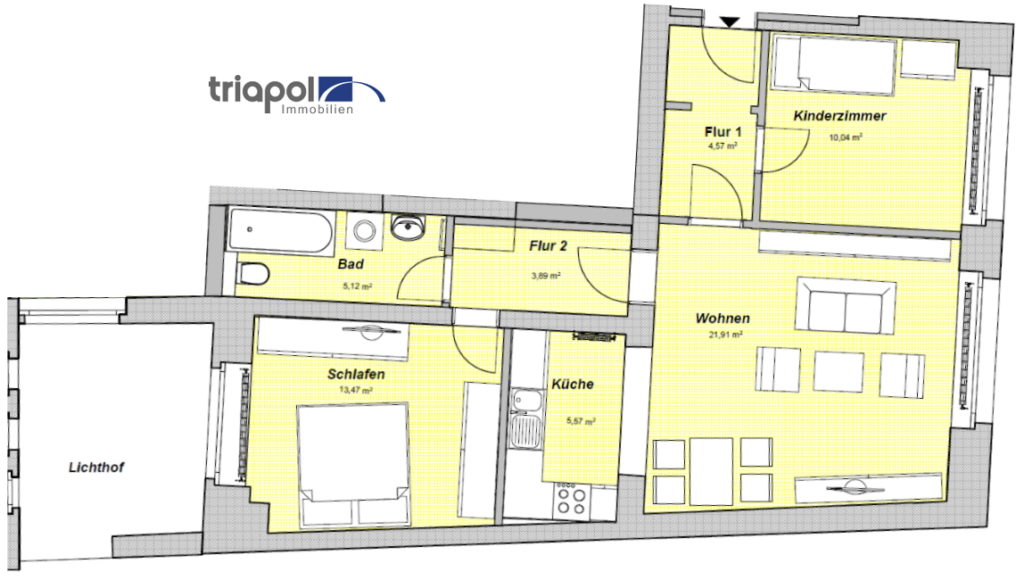 Grundriss: Hübsche 3-Zi-Whg. mit moderner Einbauküche und Laminatboden in Meißen.