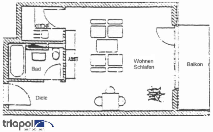 Grundriss: Ruhig gelegene 1-Zi-Whg. mit Balkon und Einbauküche am Stadtrand von Dresden.