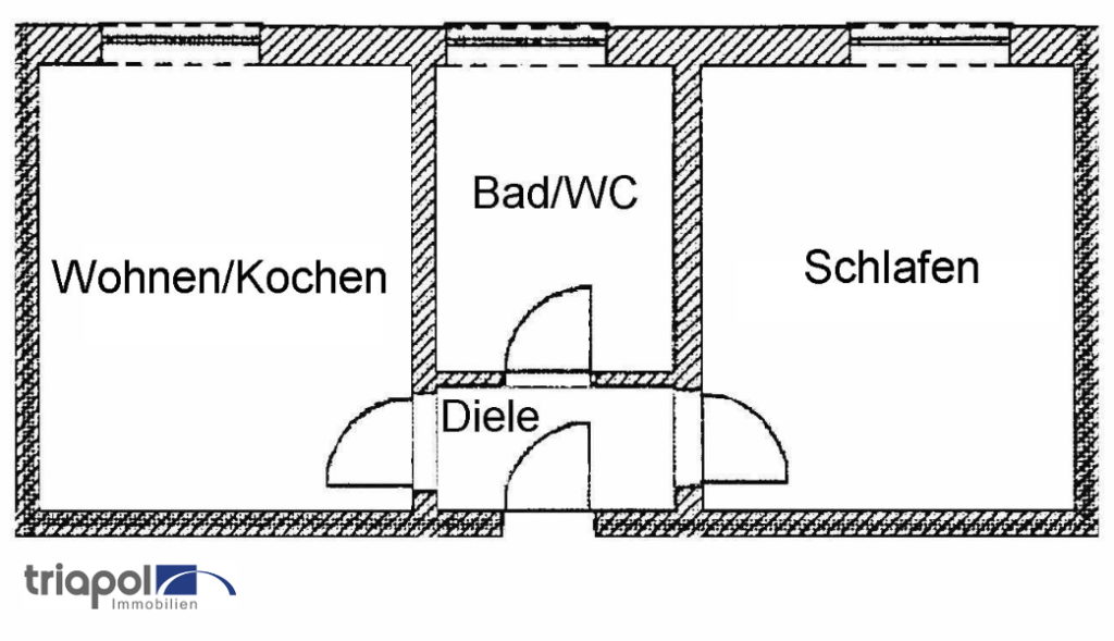 Grundriss: Kleine 2-Zi-Wohnung mit Laminatboden und Tageslichtbad am Stadtrand von Dresden.
