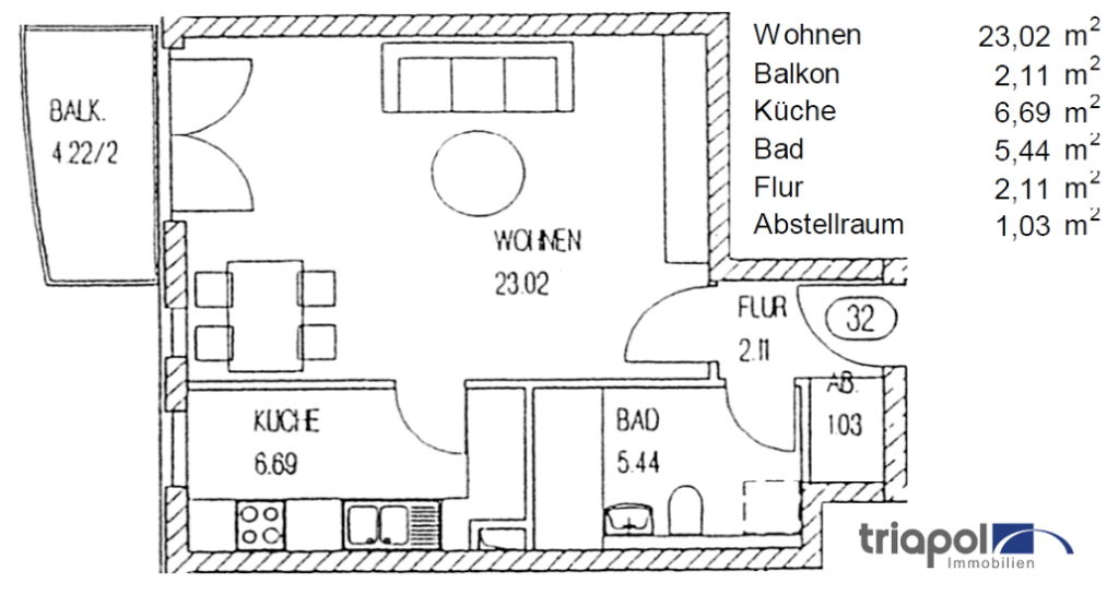 Grundriss: Ruhig gelegene 1-Zimmer-Wohnung mit Süd-Balkon in Coswig.