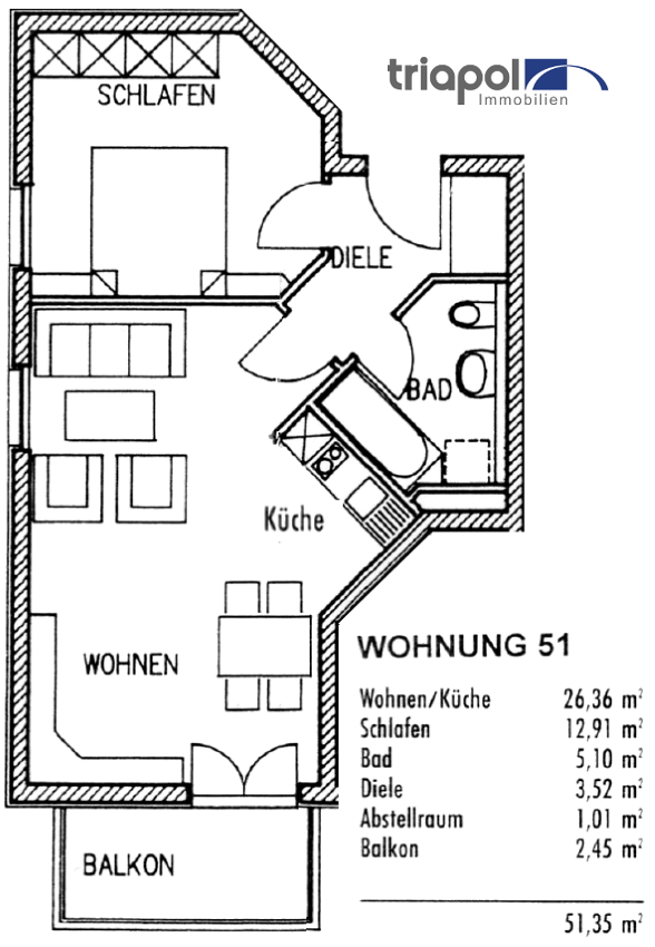 Grundriss: Schöne 2-Zi-Whg. mit Balkon und Einbauküche in ruhiger und grüner Lage von Coswig.
