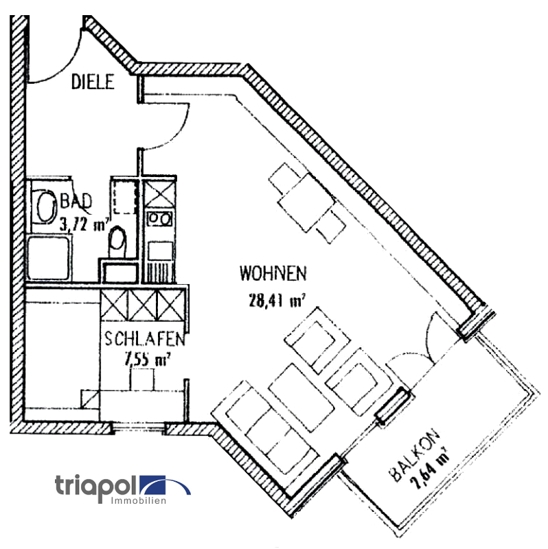Grundriss: Gemütliche 2-Zi-Wohnung mit Balkon in ruhiger und grüner Lage.
