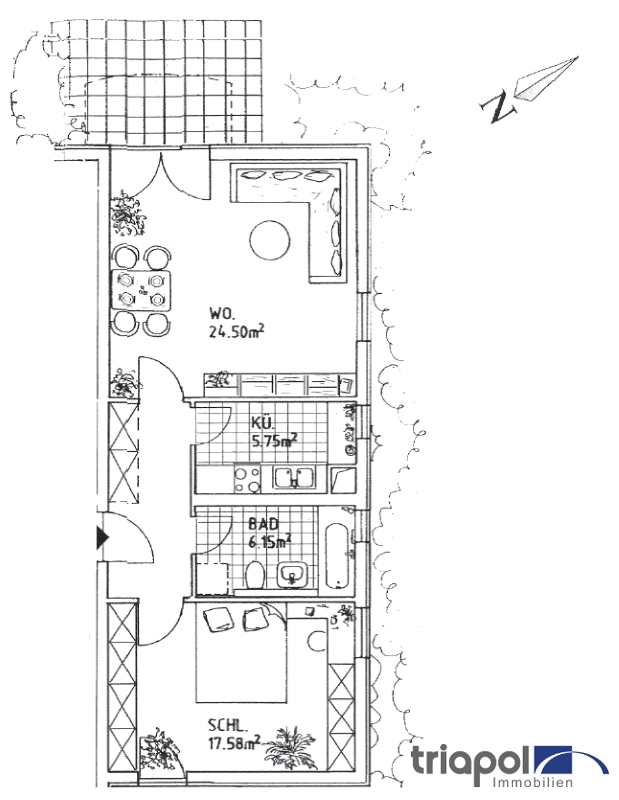 Grundriss: Schöne 2-Zi-Whg. mit West-Terrasse, kleinem Gartenanteil und Blick ins Grüne.