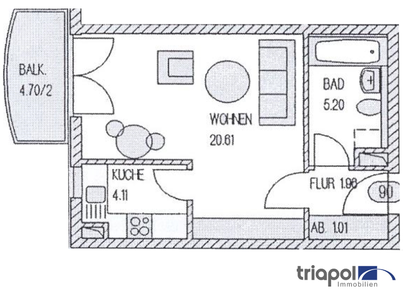 Grundriss: Schöne 1-Zimmer-Wohnung mit Balkon in Coswig.