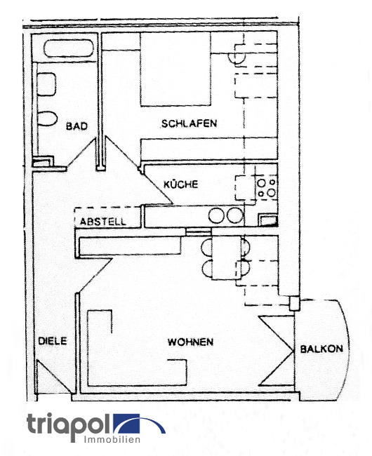 Grundriss: Geräumige 2-Zi-Wohnung mit Balkon in ruhiger und grüner Lage am Stadtrand.