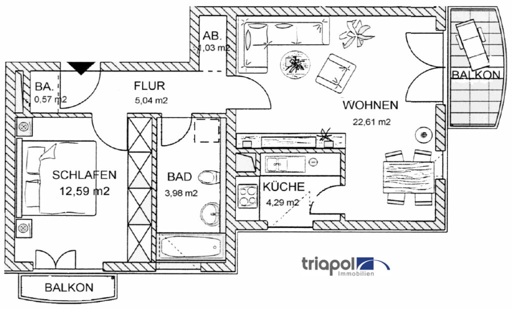 Grundriss: Hübsche 2-Zi-Whg. mit Balkon und Tiefgarage in ruhiger und grüner Lage.
