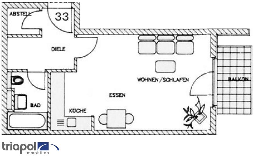 Grundriss: Vermietete 1-Zi-Whg. mit Balkon in grüner und ruhiger Stadtrandlage von Dresden.