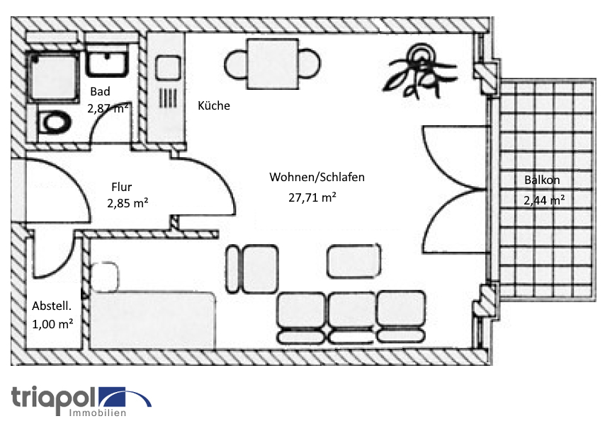 Grundriss: Leerstehende 1-Zi-Whg. mit Balkon, für Kapitalanleger oder Eigennutzer, in grüner und ruhiger Stadtrandlage.