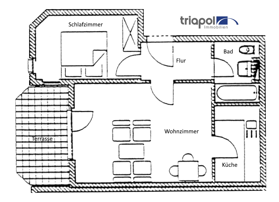 Grundriss: Vermietete 2-Zi-Whg. mit Terrasse in grüner und ruhiger Stadtrandlage.