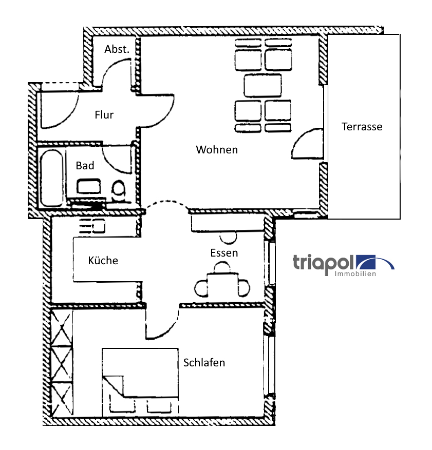 Grundriss: Schöne 2-Zi-Whg. mit TG-Stellplatz, Terrasse und Gartenanteil in grüner und ruhiger Stadtrandlage.