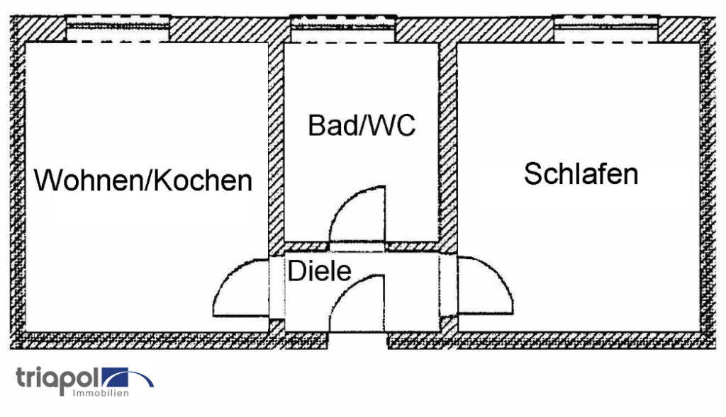 Grundriss: Kleine und gemütliche 2-Zi-Wohnung mit Laminatboden und Tageslichtbad am Stadtrand von Dresden.