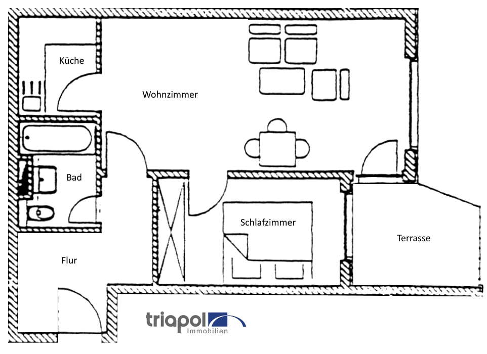 Grundriss: Gemütliche 2-Zimmer-Wohnung mit Terrasse am Stadtrand von Dresden, in Weißig.