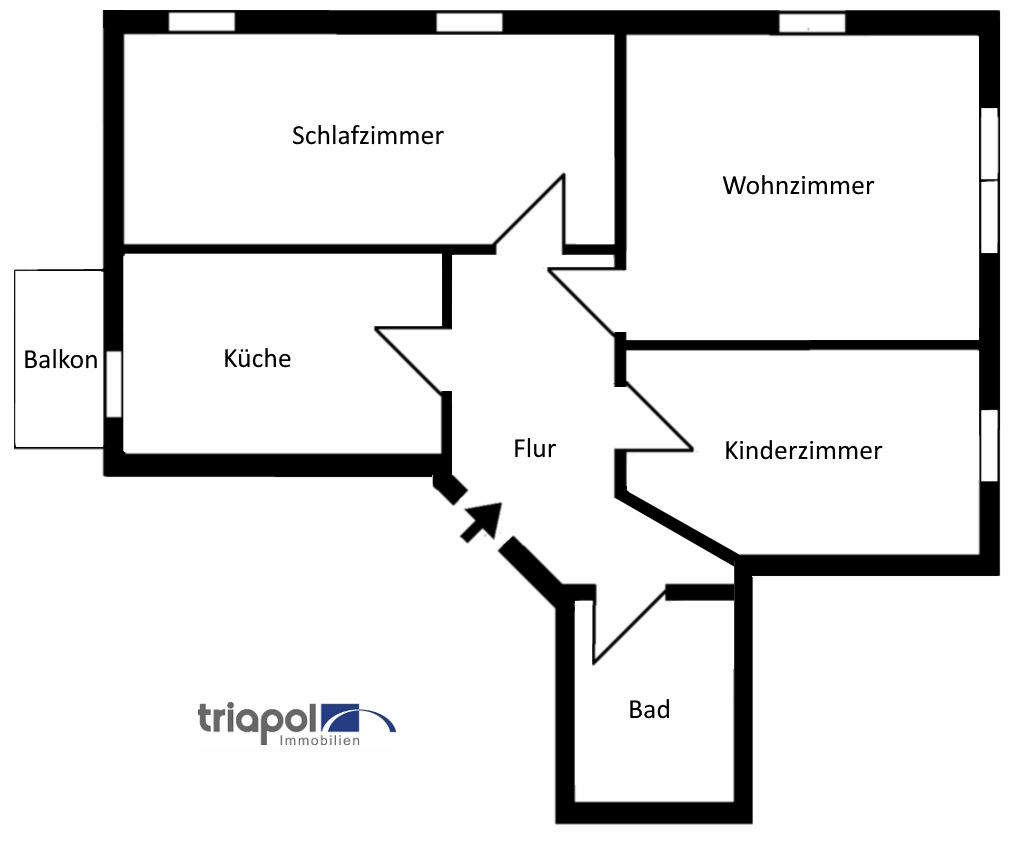 Grundriss: 3-Zimmer-Wohnung mit Wohnküche und Balkon in Dresden Coschütz.