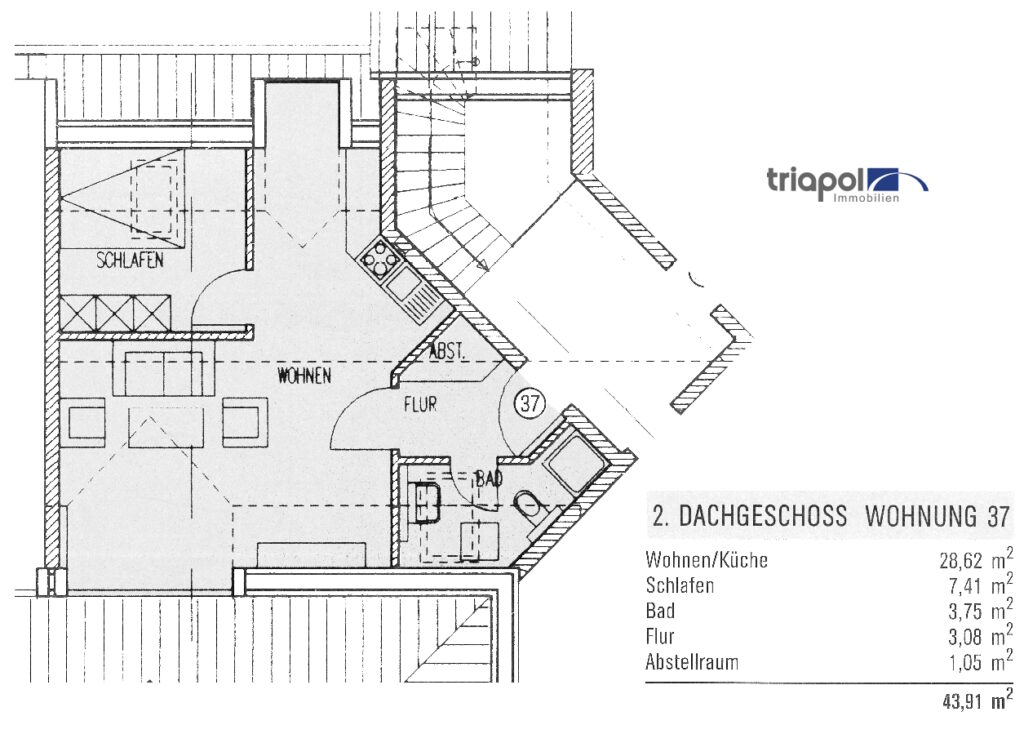 Grundriss: Kleine und gemütliche Dachgeschosswohnung in ruhiger und grüner Stadtrandlage von Dresden, in Weißig.