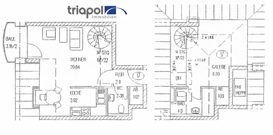 Grundriss: 2-Zi-Maisonettewohnung mit Balkon, Einbauküche und Galerie im Dachgeschoss.