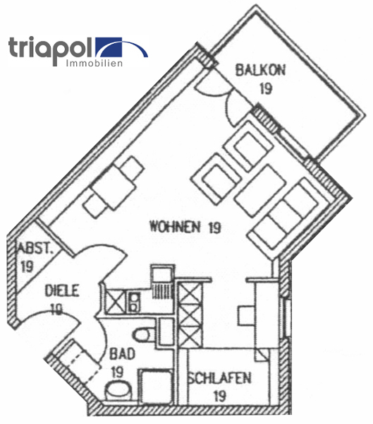 Grundriss: Gemütliche 2-Zimmer-Wohnung mit Balkon in ruhiger und grüner Lage.