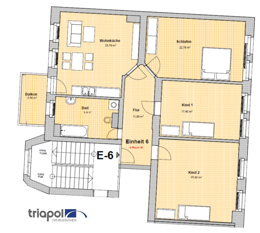 Grundriss: Großzügige 4-Zi-Whg. mit moderner Einbauküche, Laminatboden und Südbalkon in der Meißner Altstadt.