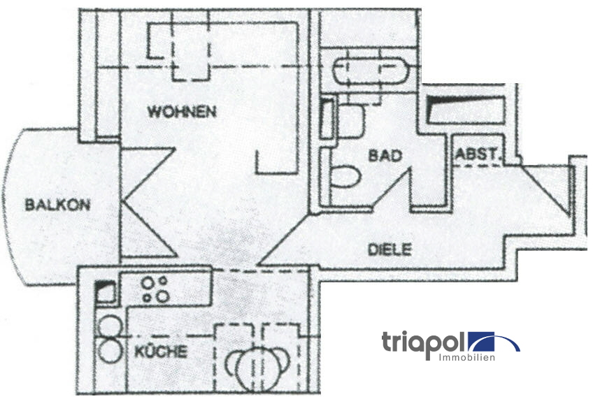 Grundriss: Schöne 1-Zi-Whg. mit TG-Stellplatz, Balkon und Laminatboden in grüner und ruhiger Stadtrandlage.