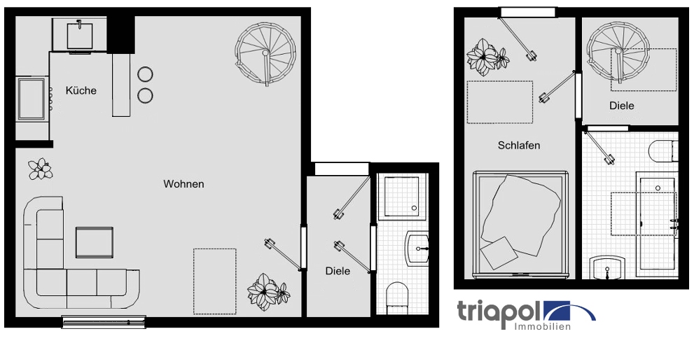 Grundriss: Kleine Maisonettewohnung mit Gäste-WC, Tageslichtbad und TG-Stellplatz in grüner und ruhiger Stadtrandlage.