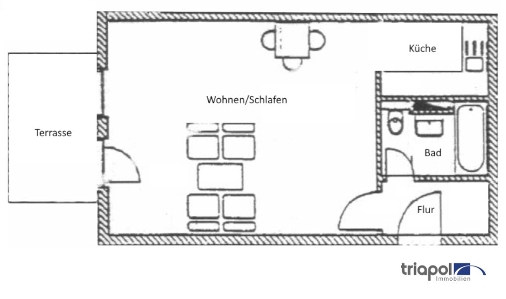 Grundriss: Möblierte 1-Zi-Whg mit Terrasse, Laminat und Einbauküche in Dresden-Weißig.