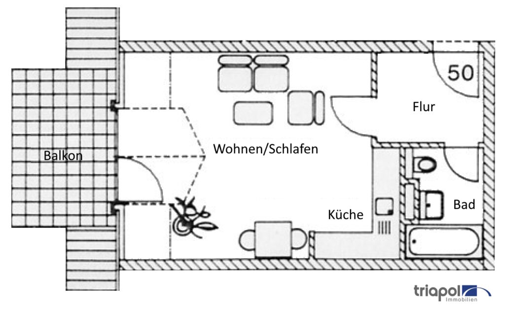 Grundriss: 1-Zi-Whg. im Dachgeschoss mit Balkon in ruhiger Stadtrandlage.