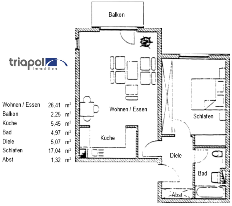 Grundriss: Schön geschnittene 2-Zi-Wohnung mit Balkon und TG-Stellplatz in grüner und ruhiger Stadtrandlage.