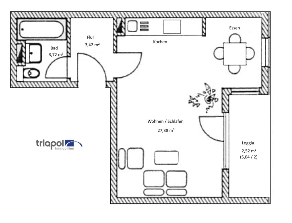 Grundriss: Vermiete 1-Zi-Wohnung mit Balkon als Kapitalanlage in grüner und ruhiger Stadtrandlage.