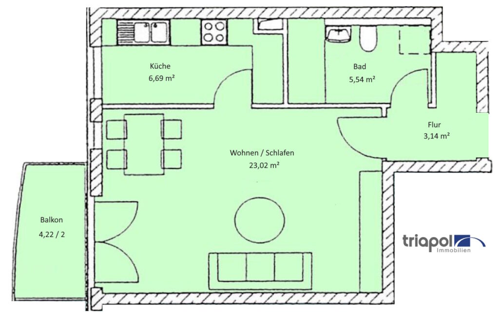 Grundriss: Hübsche 1-Zi-Whg. mit neuem Laminatboden, Balkon und TG-Stellplatz in Coswig.
