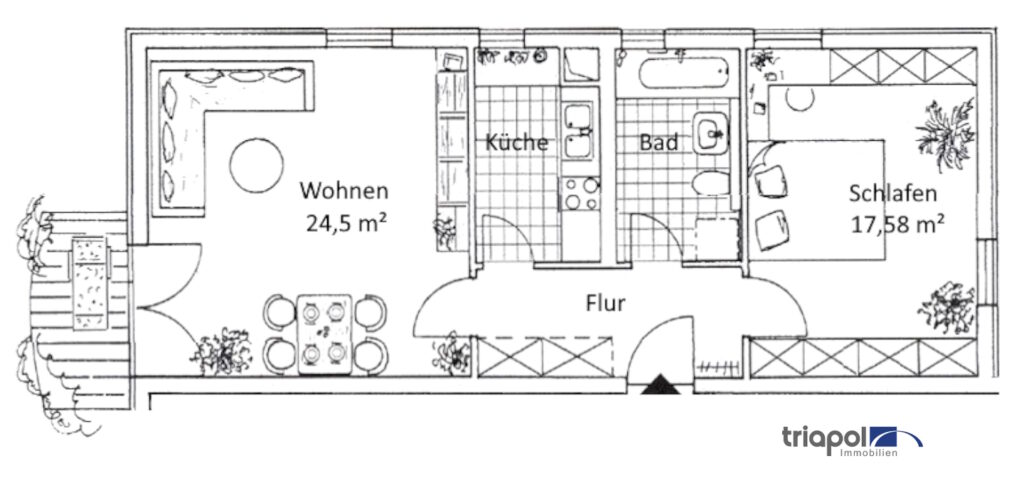 Grundriss: Schöne 2-Zi-Whg. mit Westbalkon in ruhiger und grüner Lage von Coswig.