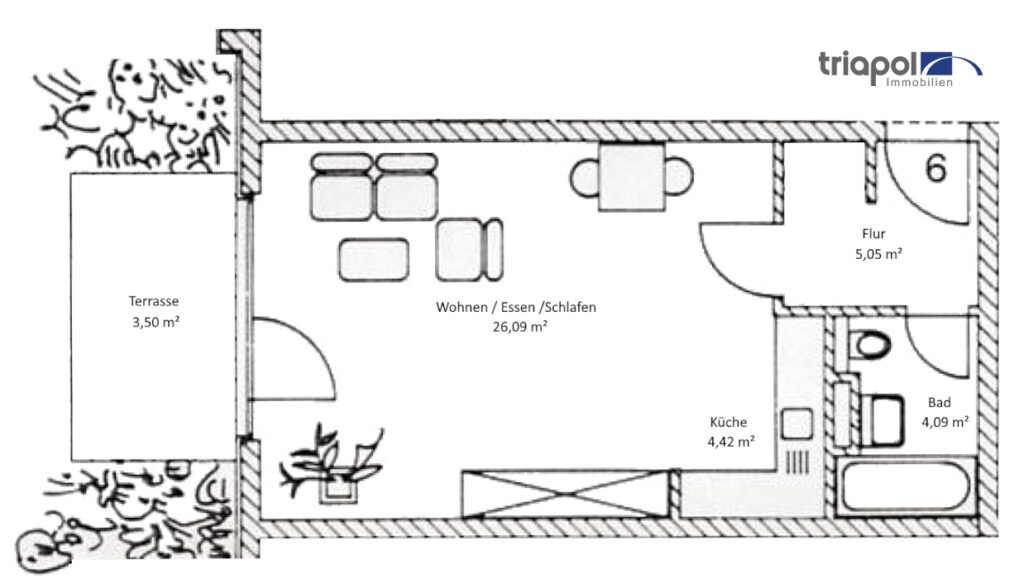 Grundriss: 1-Zi-Whg. mit Terrasse und Gartenanteil in grüner und ruhiger Stadtrandlage von Dresden.