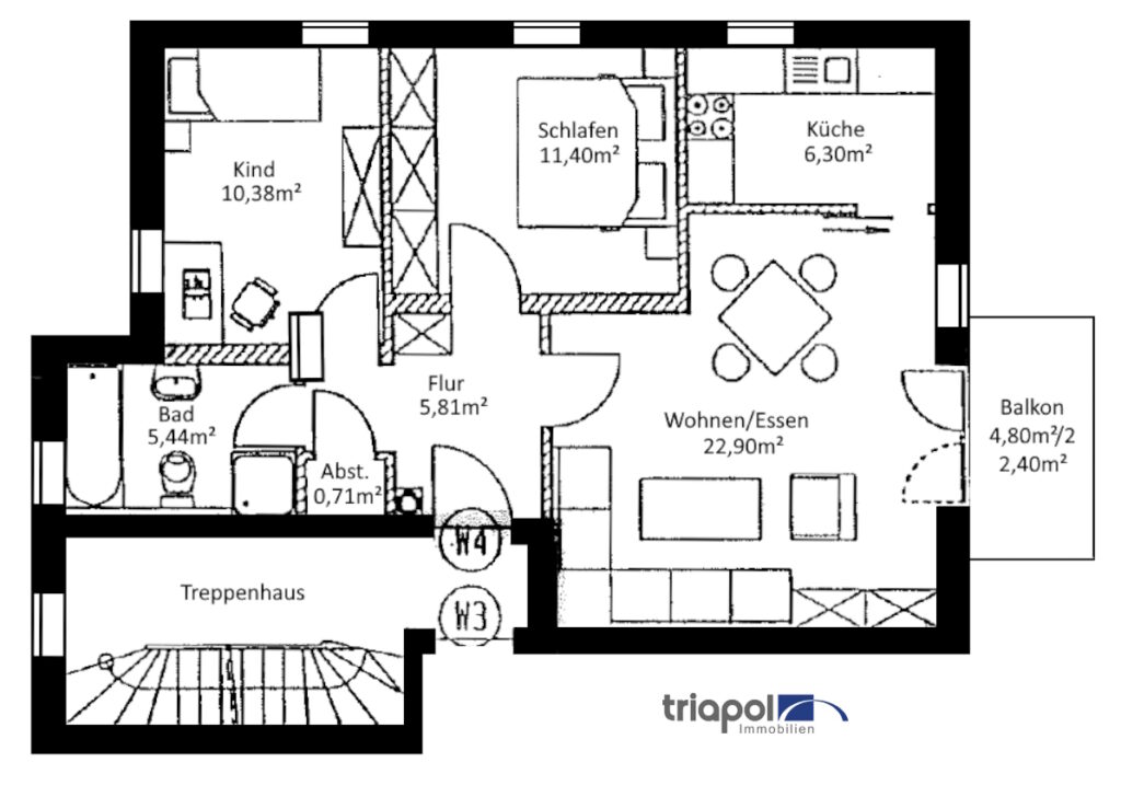 Grundriss: Schöne und helle 3-Zi-Wohnung mit Balkon in grüner und ruhiger Stadtrandlage.