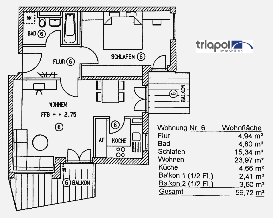 Grundriss: Schöne und helle 2-Zi-Wohnung mit 2 Balkone im Dresdner Stadtteil Striesen.