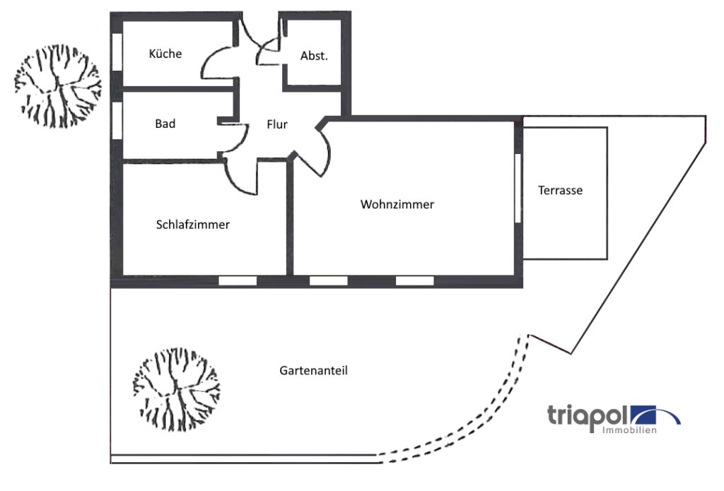 Grundriss: Ruhig gelegene 2-Zi-Wohnung mit Terrasse und Gartenanteil in grüner Stadtrandlage.