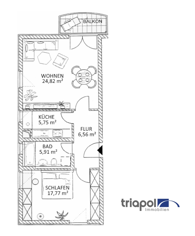 Grundriss: Hübsche 2-Zi-Whg. mit Balkon und Tiefgarage in ruhiger und grüner Lage.