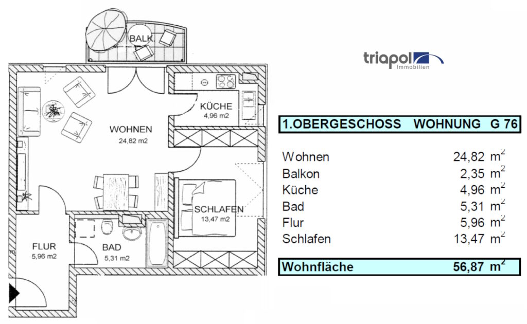 Grundriss: Hübsche 2-Zi-Whg. mit Balkon, Laminatboden und Tiefgarage in ruhiger und grüner Lage.
