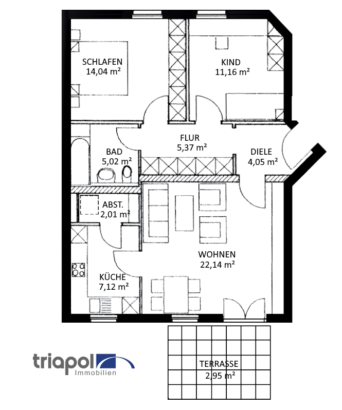 Grundriss: Schöne und helle Galeriewohnung mit neuem Bad, Balkon und Tiefgaragenstellplatz in ruhiger und grüner Lage.
