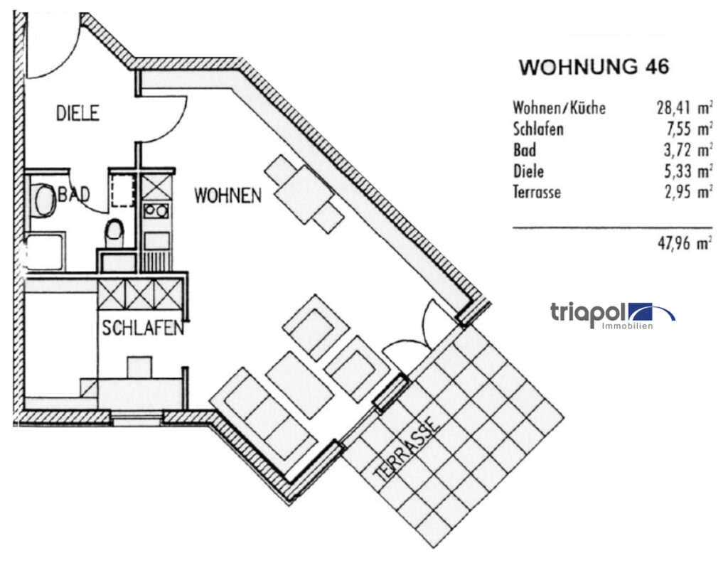 Grundriss: Schöne 2-Zi-Whg. mit Terrasse und kleinem Gartenanteil in ruhiger und grüner Lage von Coswig.