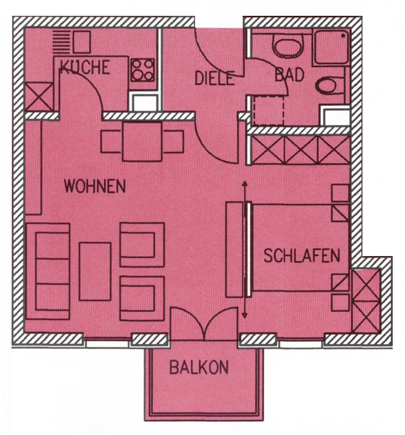 Grundriss: Gemütliche und ruhig gelegene 2-Zi-Whg. mit West-Balkon und Blick ins Grüne.